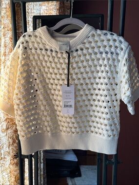 Varley Claybourne Ivory Open-Knit Cropped Cotton Short Sleeve Sweater